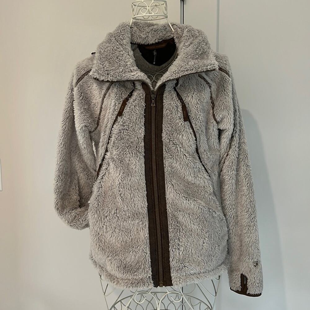 Kuhl flight jacket Stone women’s size medium off white pile fleece brown leather